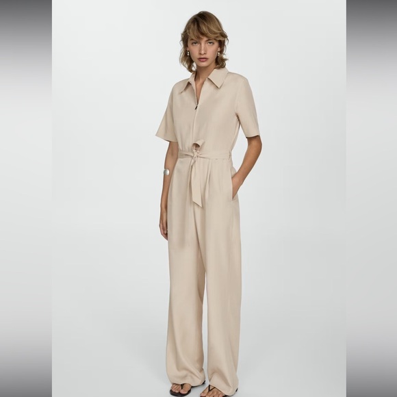 Mango Pants - Mango Neutral Beige Short-Sleeve Tie-Waist Jumpsuit